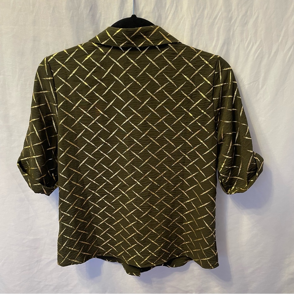 Corporate Metallic Geometric Short Sleeve Cuffed Button Front Shirt Small Office - Picture 10 of 16